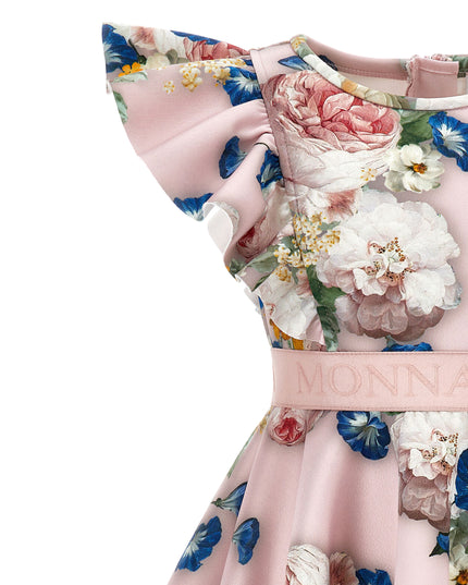 Pink Floral Neoprene Ruffle Dress