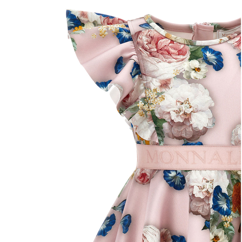 Pink Floral Neoprene Ruffle Dress