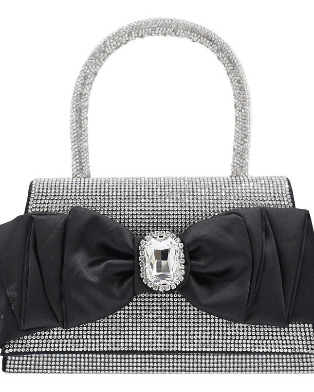 Black Bow Accented Silver Rhinestone Handbag