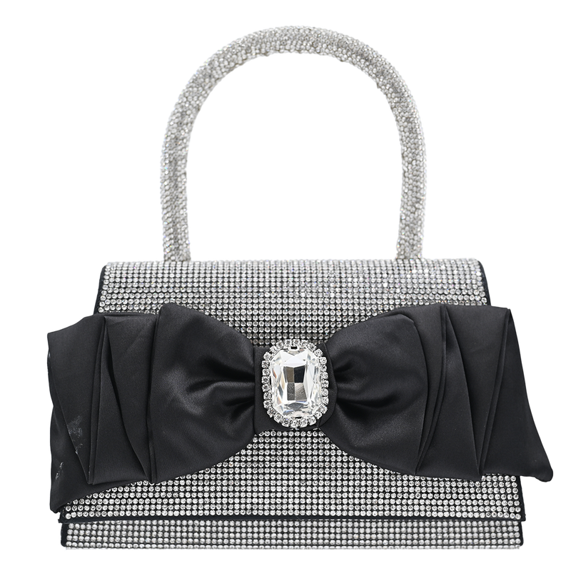 Black Bow Accented Silver Rhinestone Handbag