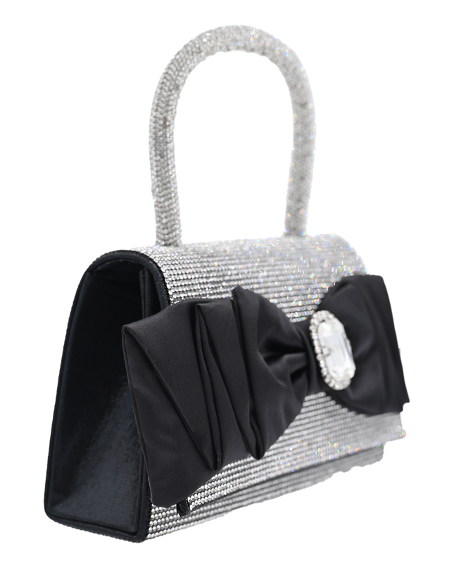 Black Bow Accented Silver Rhinestone Handbag