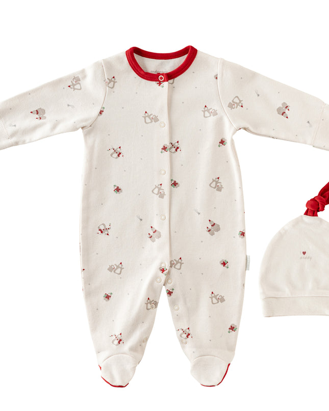 Cream Penguin Trim Babygrow & Beanie