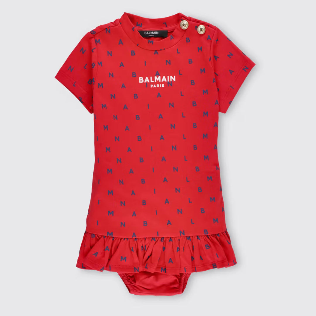 balmain-Red All Over Logo Dress-bu1020-z1916-414bl