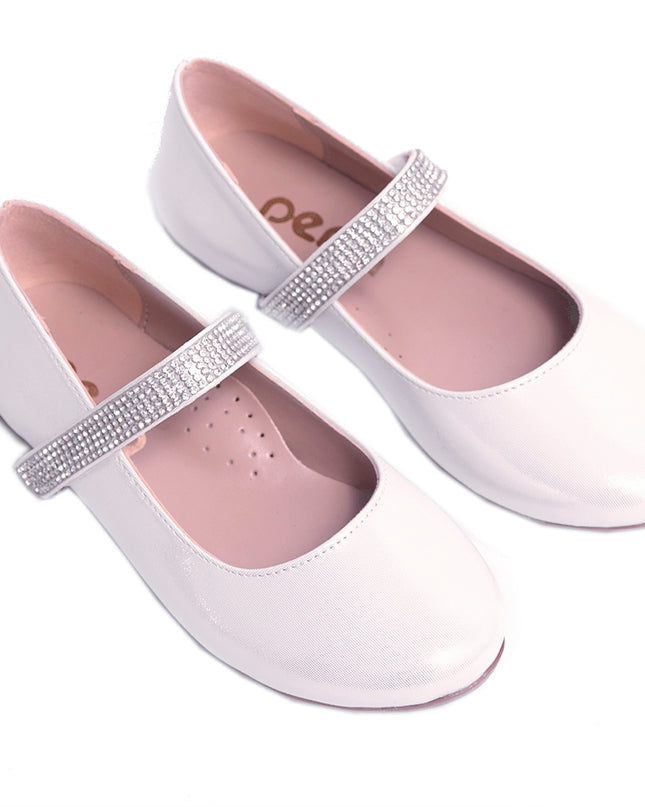 PERLA-V91B-SATIN WHITE-RHINESTONE STRAP FLATS