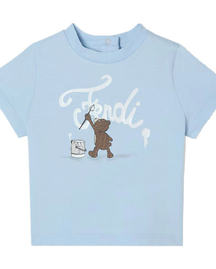 kids atelier fendi Light Blue Jersey Teddy Bear Logo T-Shirt