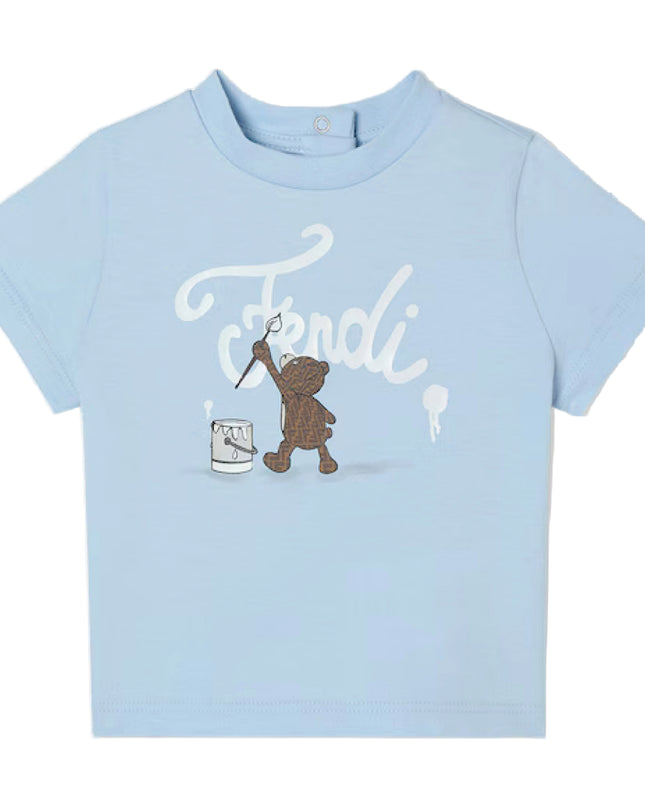 kids atelier fendi Light Blue Jersey Teddy Bear Logo T-Shirt