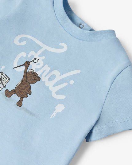 kids atelier fendi Light Blue Jersey Teddy Bear Logo T-Shirt