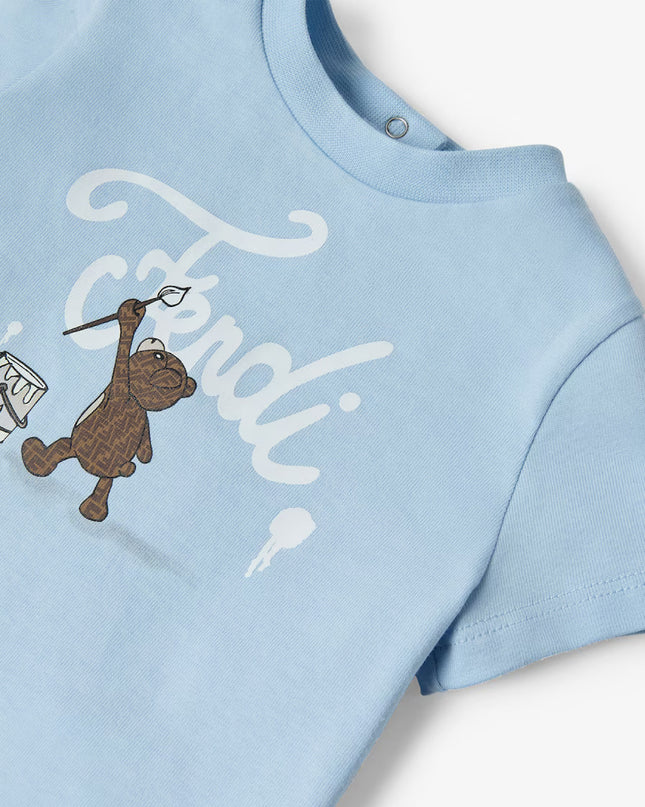 kids atelier fendi Light Blue Jersey Teddy Bear Logo T-Shirt