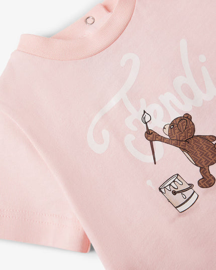 kids atelier fendi Pink Jersey Teddy Bear Logo T-Shirt