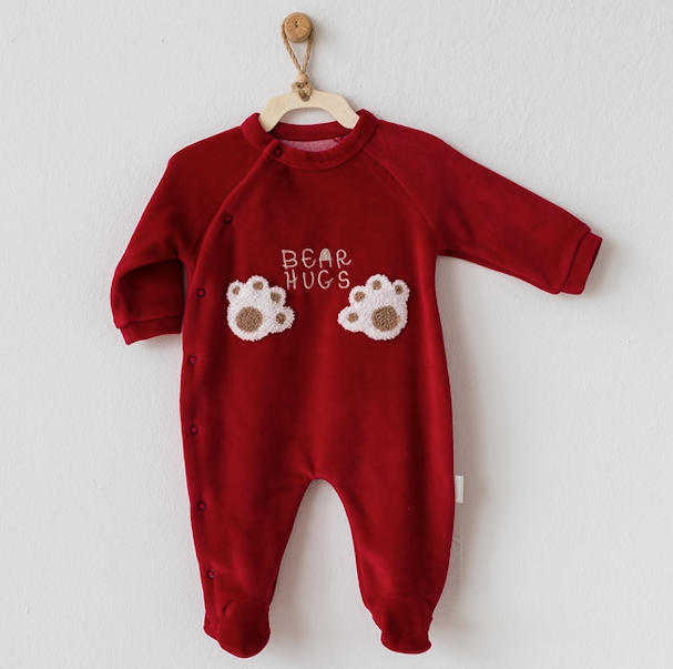 BURGUNDY-ROMPER VELVET BEAR HUGS-AC20261