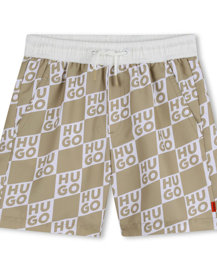 Kids Atelier Hugo Beige Swim Shorts with All-Over Logo Print