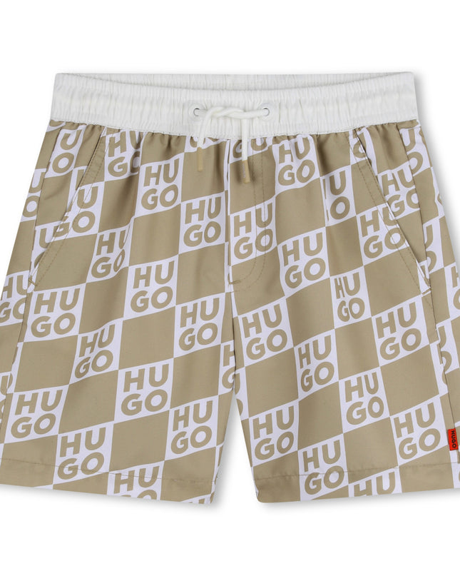 Kids Atelier Hugo Beige Swim Shorts with All-Over Logo Print