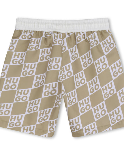 Kids Atelier Hugo Beige Swim Shorts with All-Over Logo Print