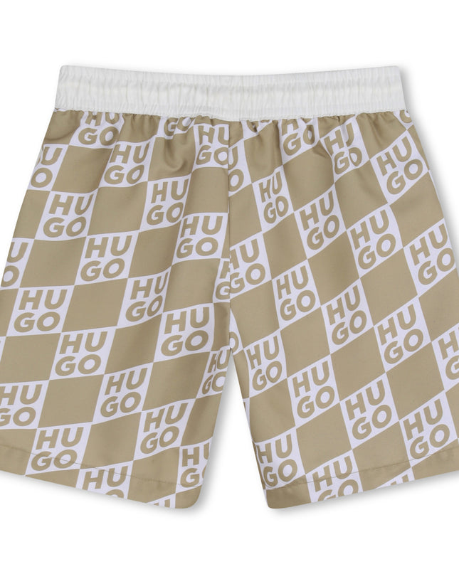 Kids Atelier Hugo Beige Swim Shorts with All-Over Logo Print