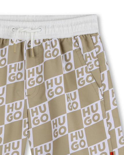 Kids Atelier Hugo Beige Swim Shorts with All-Over Logo Print
