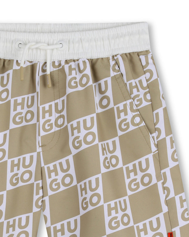 Kids Atelier Hugo Beige Swim Shorts with All-Over Logo Print