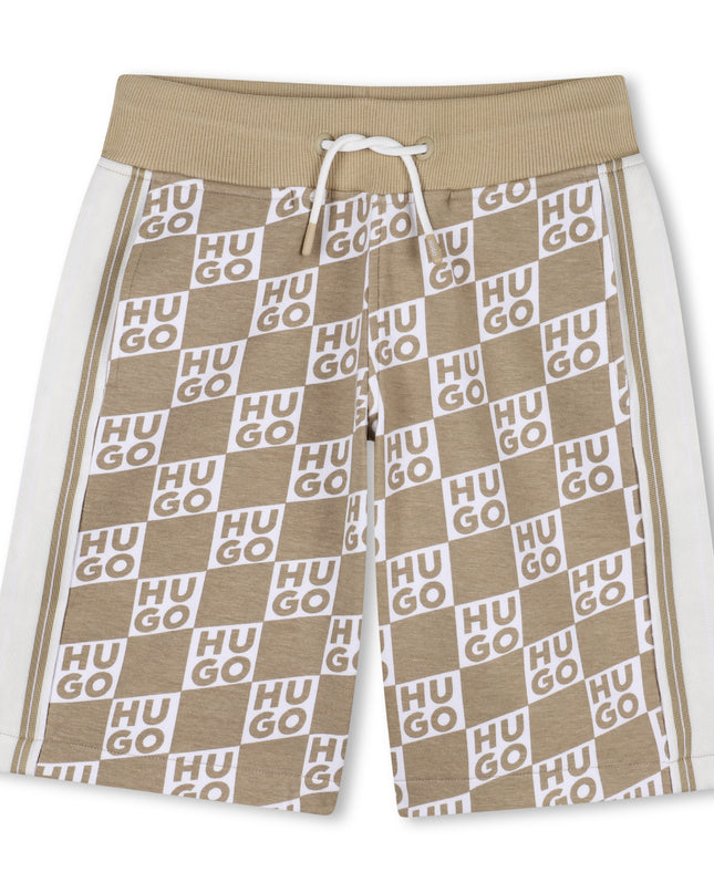 Kids Atelier Hugo Kids Beige Shorts for Boys with All-Over Logo Print