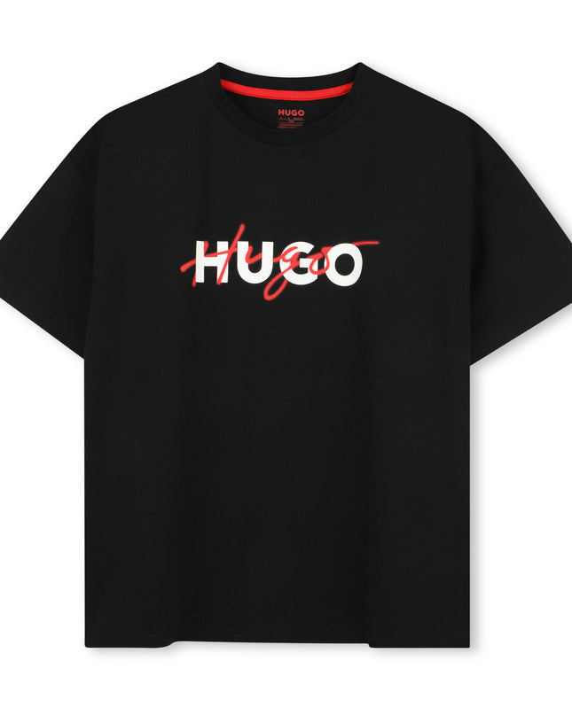 kids atelier hugo Black Crewneck Logo T‑Shirt