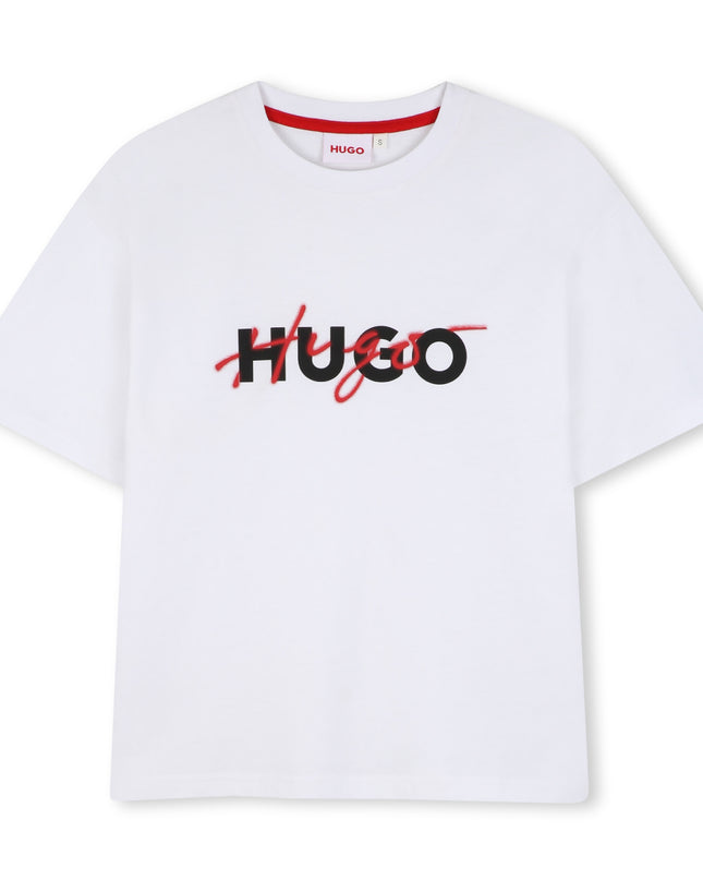 kids atelier hugo White Crewneck Logo T‑Shirt