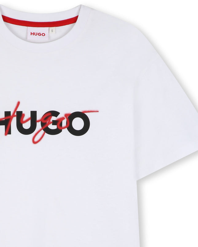 kids atelier hugo White Crewneck Logo T‑Shirt
