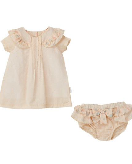 Andy Wawa-ECRU-BABY DRESS SET DRESS UNDERPANT SET POMPOM VANILLA CREAM-AC22658