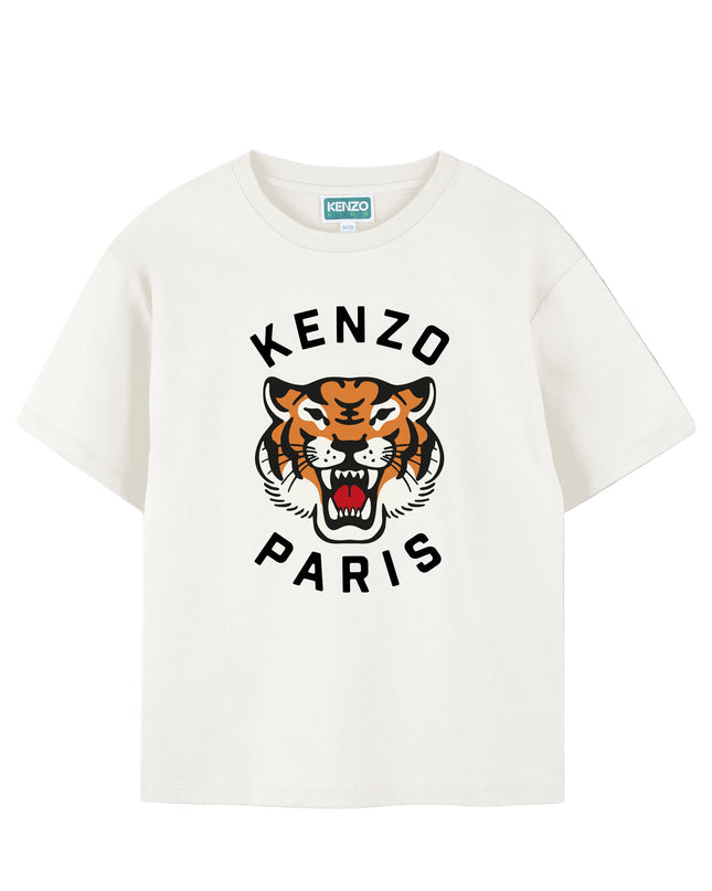 Kids atelier-Kenzo-Ivory Tiger Logo Short Sleeve T-Shirt