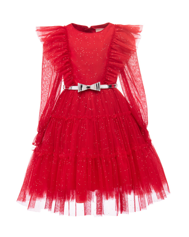 Tulleen-72033-Red-Komina-LS Glitter Tulle w/ Silver Bow Belt Dress