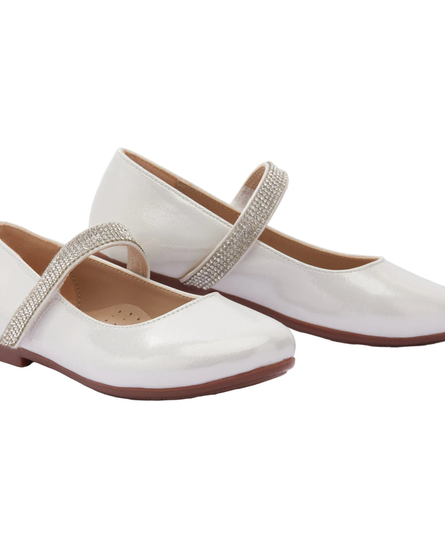 PERLA-V91B-SATIN WHITE-RHINESTONE STRAP FLATS