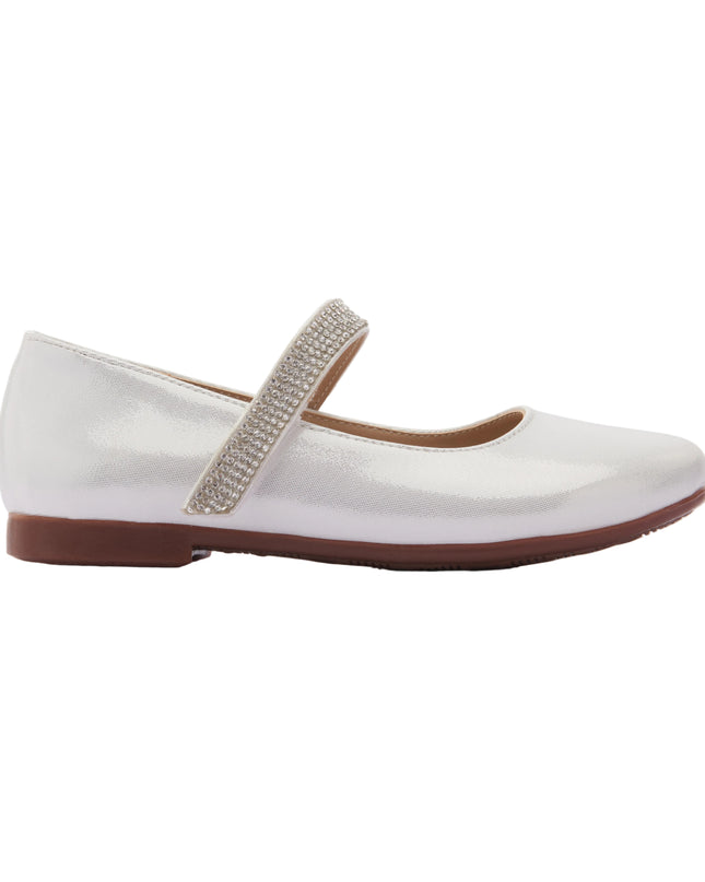 PERLA-V91B-SATIN WHITE-RHINESTONE STRAP FLATS