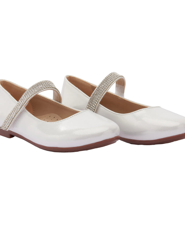 PERLA-V91B-SATIN WHITE-RHINESTONE STRAP FLATS