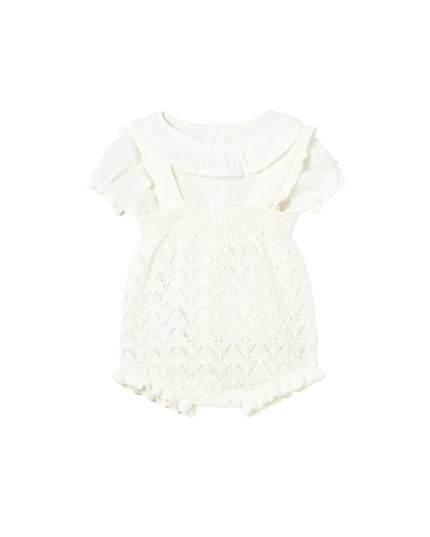 kids atelier mayoral White Knitted Baby Romper with Puff Sleeves