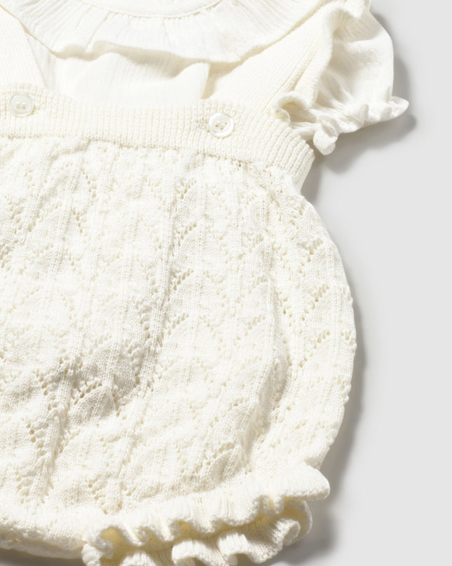 kids atelier mayoral White Knitted Baby Romper with Puff Sleeves