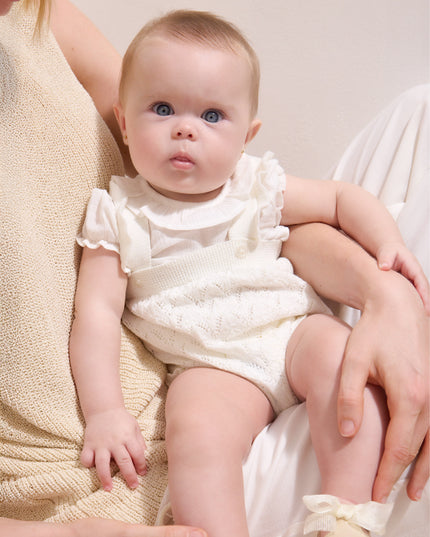 kids atelier mayoral White Knitted Baby Romper with Puff Sleeves