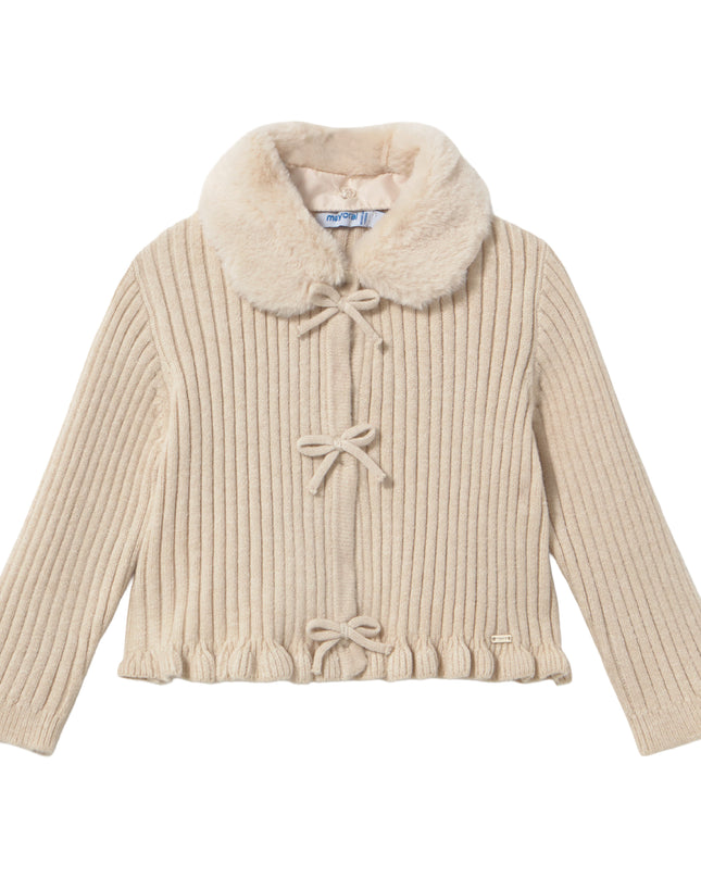 kids atelier mayoral Beige Cardigan with Faux Fur Collar
