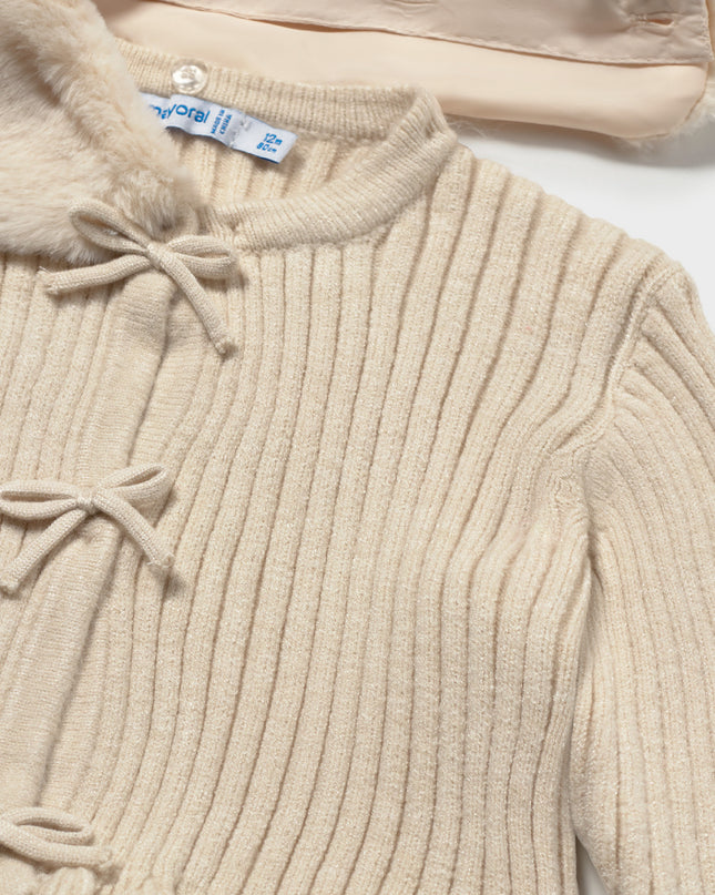 kids atelier mayoral Beige Cardigan with Faux Fur Collar