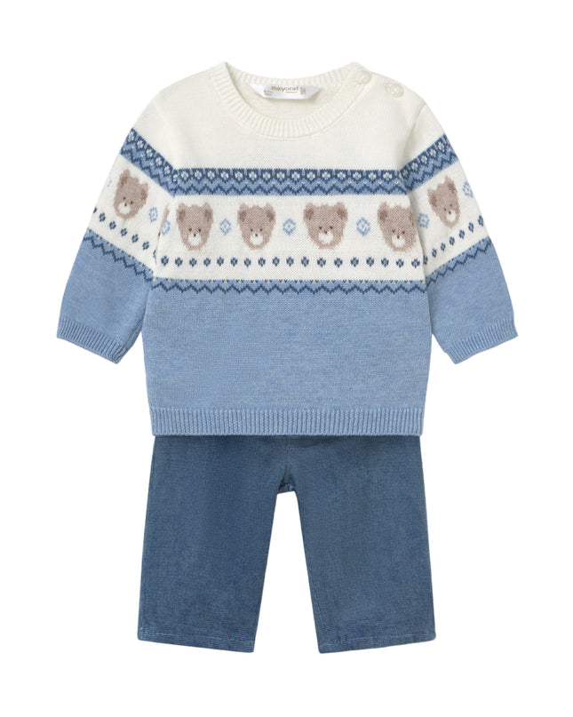 kids atelier mayoral Blue Knitted Baby Bear Pattern Outfit