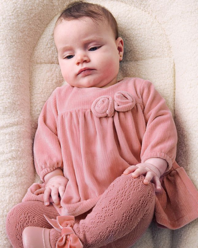 kids atelier mayoral Pink Velvet  Dress with Rosette Accents