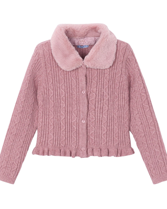 kids atelier mayoral Pink Faux Fur Collar Cardigan