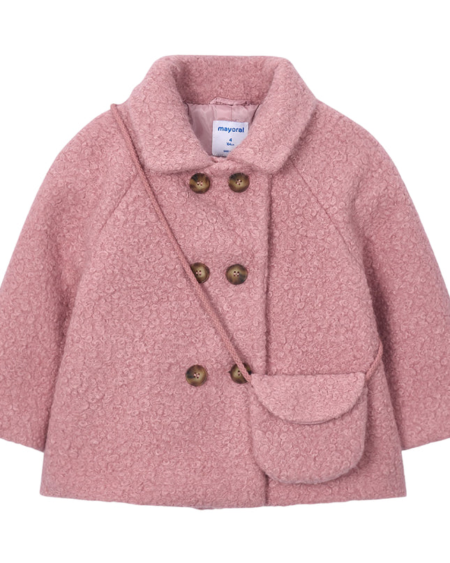 kids atelier mayoral Pink Double-Breasted Wool Coat with Crossbody Pocket