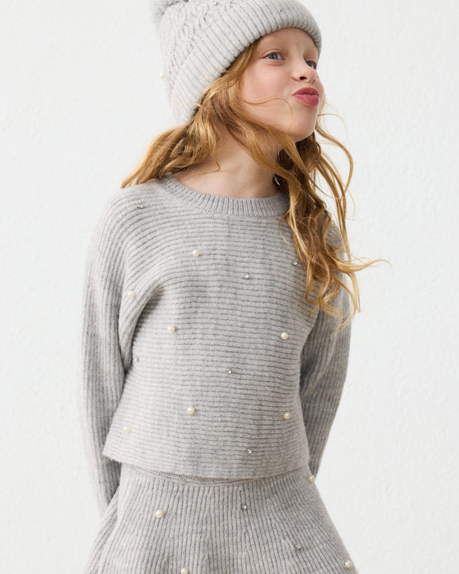 kids atelier mayoral Grey Pearl Embellished Knit Skirt
