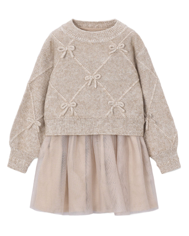 kids atelier mayoral Beige Bow Knit Sweater Tulle Dress