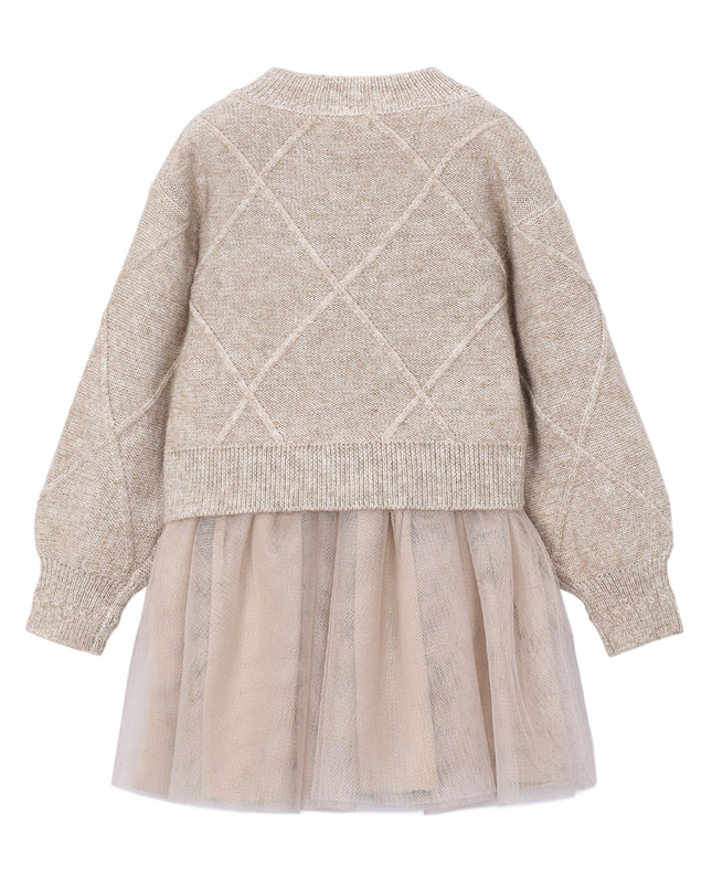 kids atelier mayoral Beige Bow Knit Sweater Tulle Dress