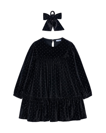 kids atelier mayoral Navy Velvet Rhinestone Dress with Bow Hair Tie