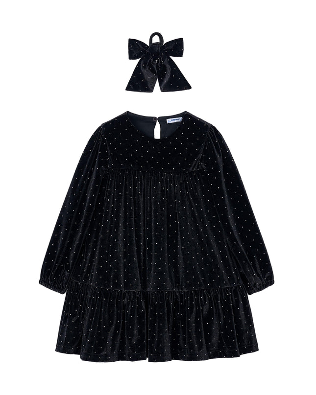 kids atelier mayoral Navy Velvet Rhinestone Dress with Bow Hair Tie