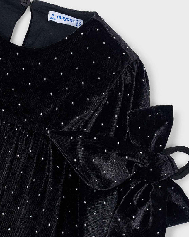 kids atelier mayoral Navy Velvet Rhinestone Dress with Bow Hair Tie
