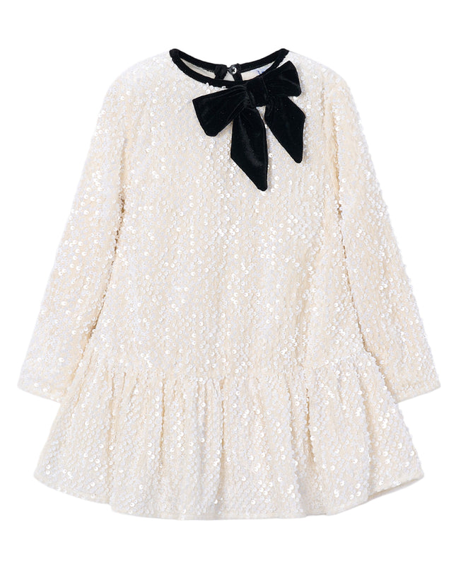 kids atelier mayoral Ivory Sequin Velvet Bow Dress