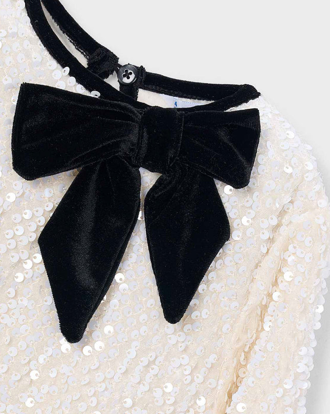 kids atelier mayoral Ivory Sequin Velvet Bow Dress