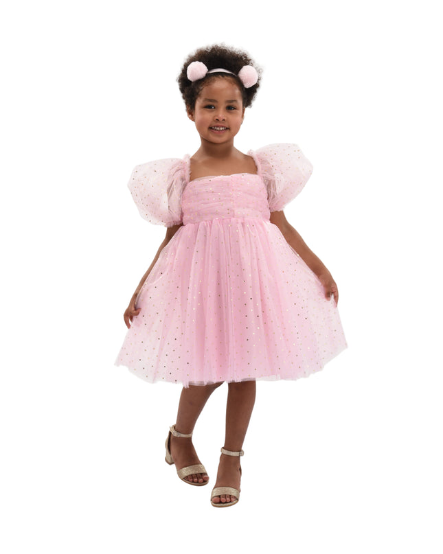 short pink puff sleeve tulle dress Pink Tulle Dress with Puffed Sleeves