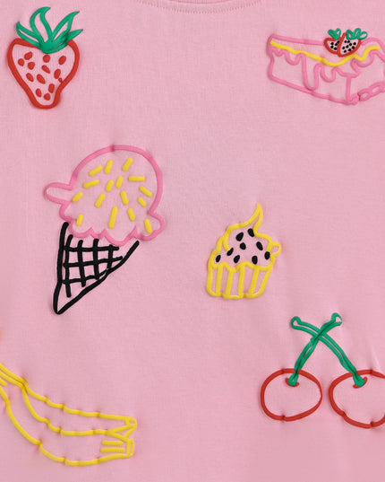 Pink Tee with Food Motifs