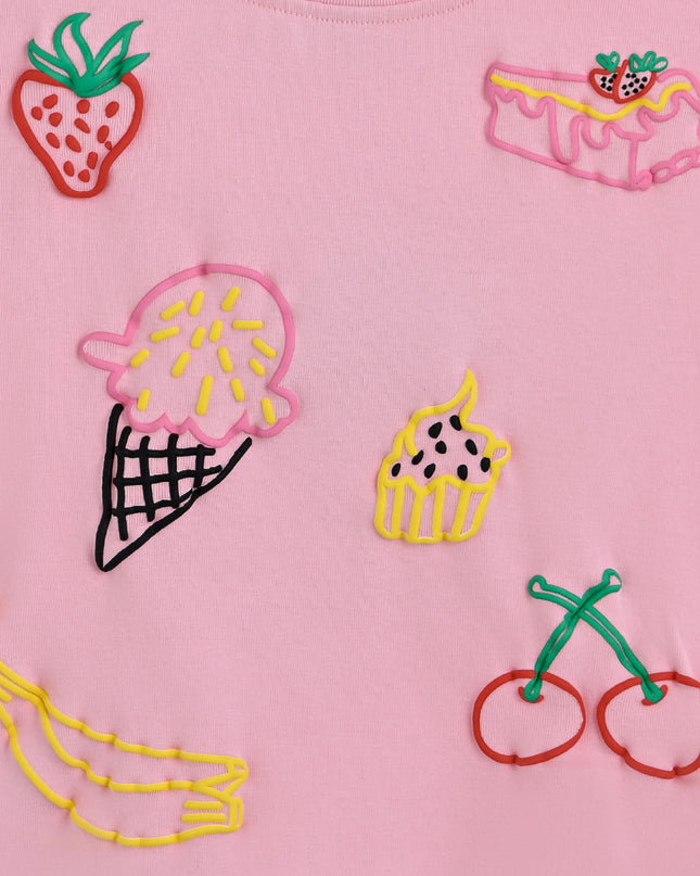 Pink Tee with Food Motifs
